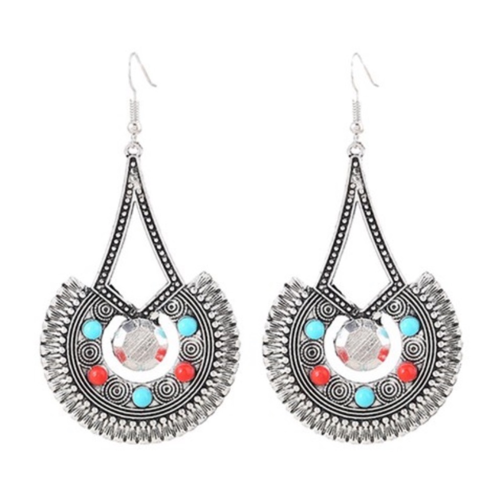 Red & Aqua Geometric Print Drop Earrings